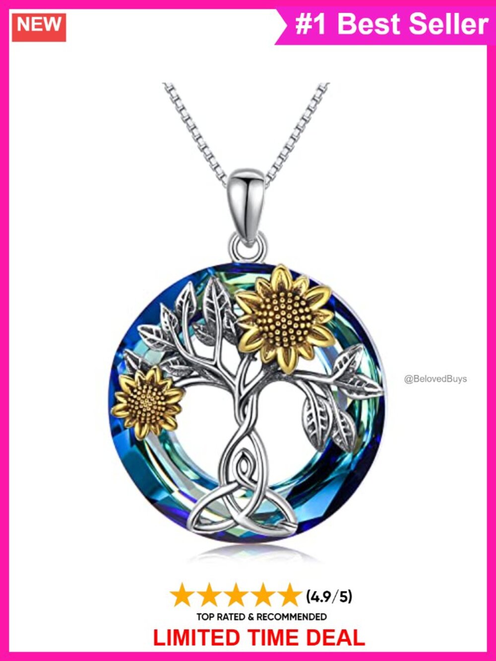 925 Sterling Silver Sunflower Necklace Crystal Tree of Life Pendant Jewelry